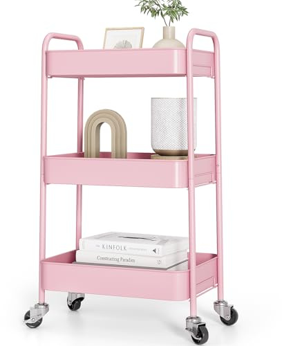 KINGRACK Chariot de rangement à 3 étages en métal sur roulettes, pour livres de beauté, thé, art du thé, pour la maison, la salle de bain, la cuisine, le linge, pas besoin de vis, chariot utilitaire à