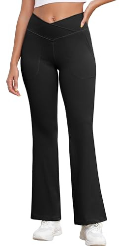 GRECERELLE Pantalones anchos para mujer, pantalones de yoga, pantalones cruzados, cintura alta, pantalones de tela con bolsillos, elegantes pantalones rectos para control de abdomen, pantalones