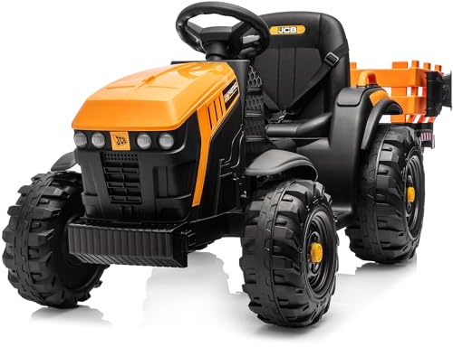 Hikiddo Licensed JCB 24V Electric Ride on Trator for Big Kids 3-8 with Trailer, Remote Control, 400W Motors - Yellow