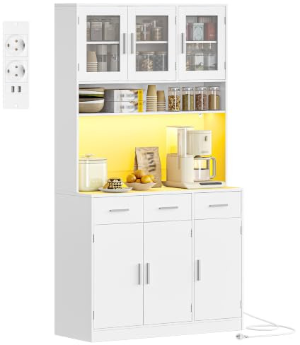 Hzuaneri Buffet, Meuble Cuisine Haut à 3 tiroirs, Meuble de Rangement avec multiprise et éclairage LED, 3 Portes vitrées, Cuisine, Salon, 40 x 100 x 190 cm, Blanc, PT10103XEU