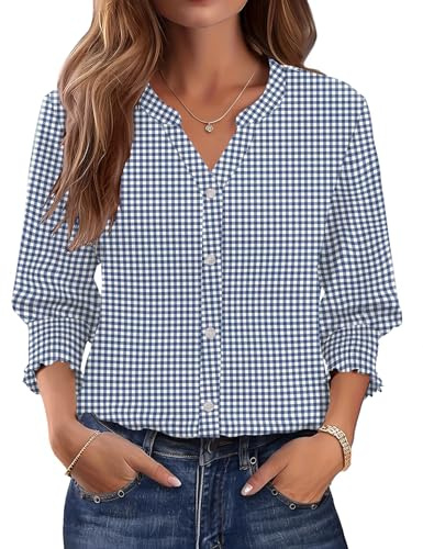 Rapbin Blouse Femme Manches 3/4 Manches Longues Chemise Chemise Col V Haut Boutonné Robe Chemisiers Tenue d'été T-shirt, bleu à carreaux, XL