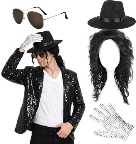 Koongso Costume da MJ da uomo, accessori per tour del re del pop, guanto con strass scintillanti, cappello, parrucca riccia e occhiali, per spettacoli teatrali, feste di danza, feste di Halloween