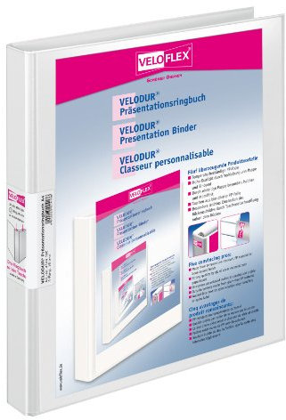 VELOFLEX 4144190 - Präsentationsringbuch Velodur DIN A4 4- Rund- Ring- Mechanik, 16 mm breit, mit breiter Rückentaschen weiß