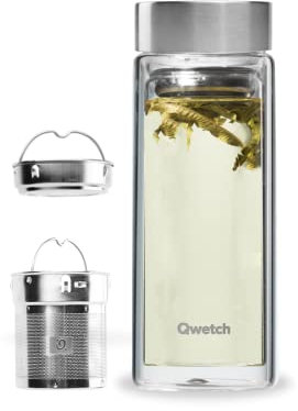 Qwetch - Théière Infusion en Verre - 320ml Bouchon Inox - Bouteille infuseur avec filtres - Sans BPA, Étanche & Réutilisable - Idéale pour Thé, Tisane, Eau fruitée