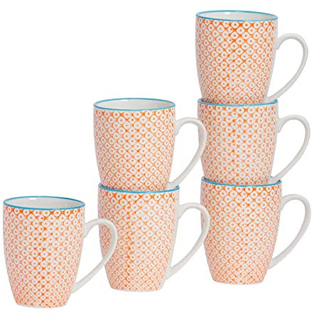 Nicola Spring Hand-Printed Mug - 330ml - Orange - Pack of 6 - Porcelain Hot Chocolate Cups Tea & Coffee Mugs for Kitchens, Cafes & Restaurants