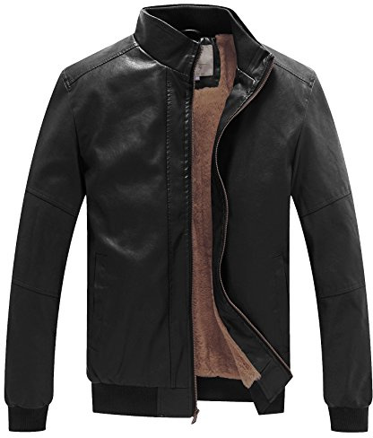 WenVen Men's Winter Air Force Faux Leather Biker Jacket Black XL