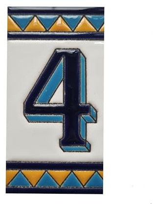 Números de casa Azulejos de cerámica, letras y marcos, diseño español naranja y azul, tamaño de la baldosa: 11 cm de alto x 6 cm de ancho, tamaño del marco del número: 2 a 13 azulejos (número 4)