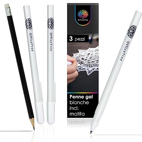 OfficeTree White Gel Pens for Art - Fine 0.75 mm Gelly Roll Pen for Black Paper - 3-Pack With 1 Pencil