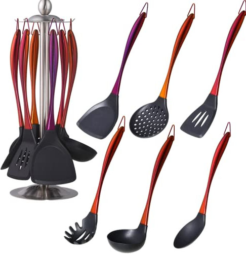 Silicone Cooking Utensil Set, 7 pcs Silicone Cooking Kitchen Utensils Set, Non-Stick Kitchen Cookware Titanium Stainless Steel Handle with Utensil Holder, Spatula Set for Cooking-Orange Red