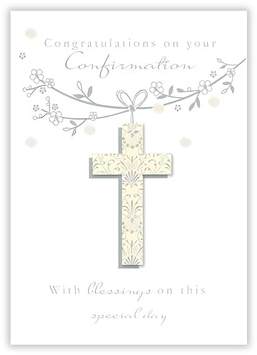 Ling Design Traditional Confirmation Congratulations Card for Boys/Girls - Cross on Floral Branch with Foil & 3D Embellishments - Hand Finished