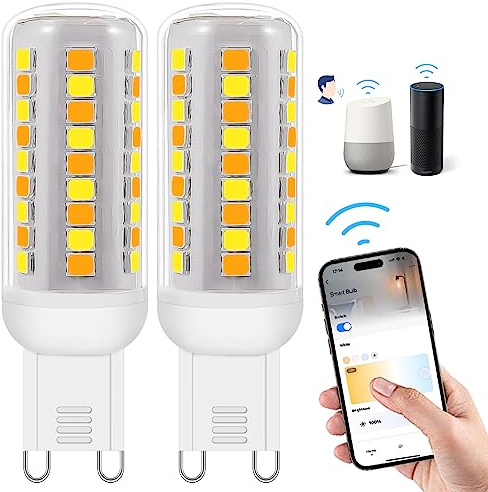 Wi-Fi Smart G9 LED Bulbs,Compatible with Alexa /Google Assistant, Dimmable,Warm White to Cool White, Brightness Adjustable 0%-100% 230V,0.4-4W,40LM-400LM,Timer Function G9 Smart LED bulb,2pack
