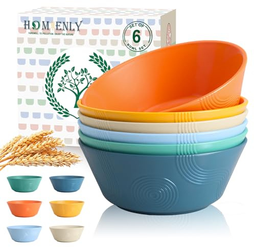 Homienly Unbreakable Cereal Bowls, Wheat Straw Bowl with Textured, 36oz Microwave Safe Plastic Bowls for Kitchen, Party, Large Soup Bowls for Popcorn, Ramen, Salad, Dishwasher Safe (Multi,6 PCS)