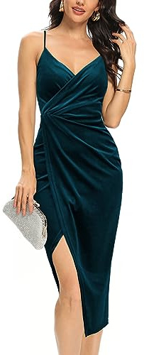 Missufe Robe midi pour femme - Robe de cocktail - Robe portefeuille - Robe d'été - Robe de soirée - Robe de fête élégante moulante - Robe de mariage - Robes de soirée à bretelles spaghetti, Bleu paon