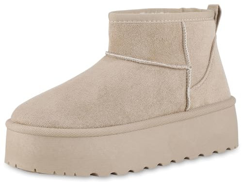 VAN HILL Damen Plateau Boots Plateau Profilsohle Bequem Schuhe 213732 Beige 36