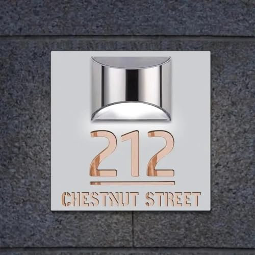 Targa con numero civico a energia solare, personalizzabile con luce LED solare, tagliata al laser, per esterni, con nome della strada (bianco e oro rosa)