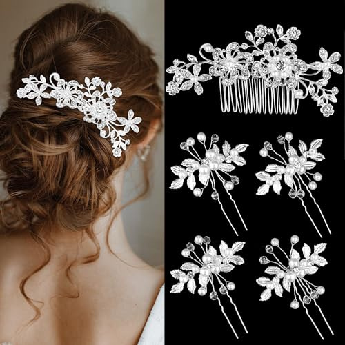 Chanaco Wedding Bridal Hair Accessories 5Pcs Wedding Hair Pieces for Brides Silver Hair Pins Hair Comb Set Bride Accessory for Women Non Slip Rhinestone Cystal Pearl Headpiece Decorations