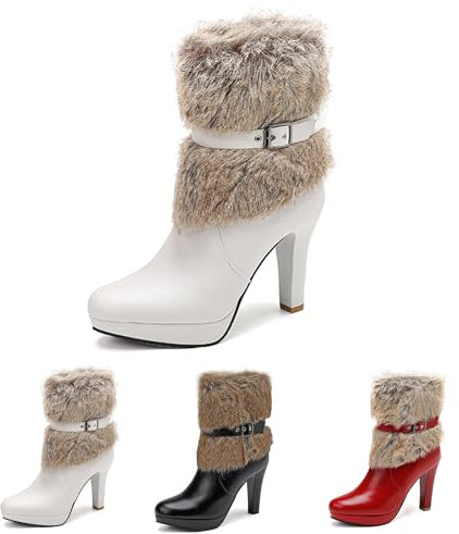 2024 Nuovi Stivali Corti Con Risvolti In Peluche Stivaletti Con Plateau Da Donna Ankle Boots In Pelle PU Caldi Scarponi Da Neve Scarpe Alla Caviglia Con Fibbia Booties Tacchi Alti Sexy(White,41 EU)