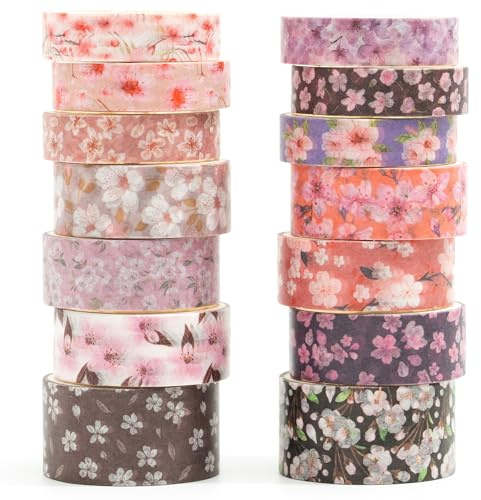 Songdao Sakura Washi Tape Set 14 rullar blommor dekorativ tejp färgglad för scrapbooking, bullet dagbok, planerare, presentförpackning (twilight sakura ra)