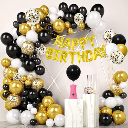 135 Pcs Black and Gold Balloon Arch Kit, Electric Air Pump with Gold Black Balloons White Ballons & HAPPY BIRTHDAY Banner Foil Balloons & Confetti Balloon for Birthday Party Decoration