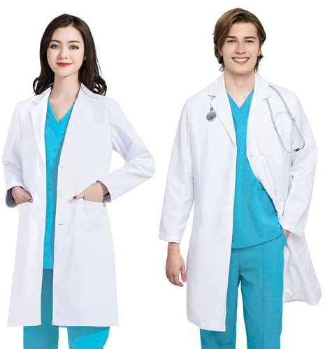 FAHAKO Blouse Blanche Chimie Lycee, Blouse Chimie Coton Femme Homme Blouse Laboratoire Manche Longue Médicale Blouse Physique Chimie Lycee avec 3 Poche Bouton pour Scientifique Infirmier Etudiant, XL