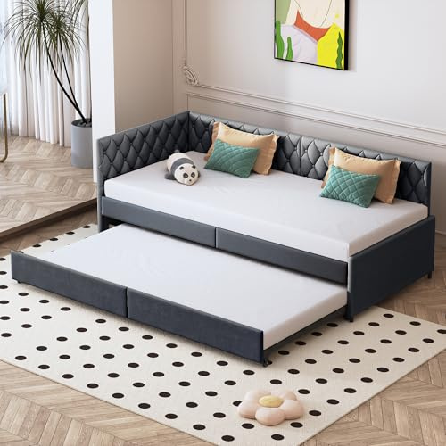 Bäddsoffa, 90/180 x 200 cm, soffa, konvertibel dubbelsäng med utdragbar säng, ribbotten, sammet, beige, madrass ingår ej (svart)