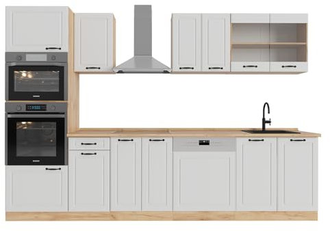 Vicco Küchenzeile R-Line, Weiß Landhaus/Goldkraft Eiche, 300 cm mit Hochschrank, ohne Arbeitsplatte