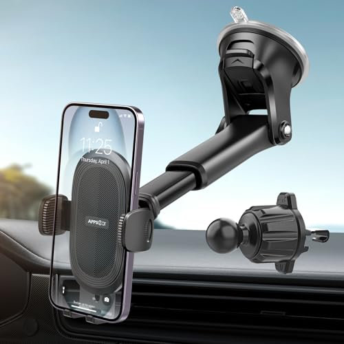 APPS2Car Car Phone Holder, Dashboard Windscreen Sturdy Suction Cup Mount, 360° Universal Holder forCompatible 4.7-6.8“ iPhone12/11/Pro, Samsung S21 and More (Suction + Hook Vent)