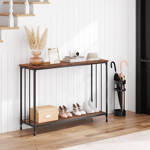 Hapihom Mesa de consola, estrecha mesa de salón con estructura de metal estable, ahorra espacio, mesa de sofá de madera con estante, 105 x 30 x 81 cm, mesa de pasillo industrial para cocina, salón