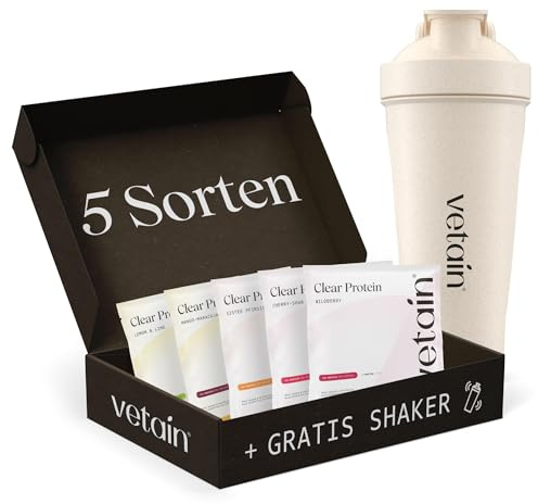 VETAIN Clear Protein Vegan Probenpaket + GRATIS Shaker - 5 x 30g - 22g Protein & 98 kcal pro Portion - ohne Allergenen & Sucralose - erfrischend & leicht löslich - produziert in Deutschland
