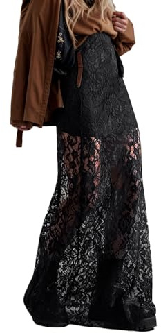 2025 Falda Maxi de Encaje Floral Transparente para Mujer Bodycon Falda Larga de Fiesta, Negro, M