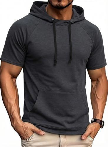 COOFANDY Sudadera con Capucha de Manga Corta para Hombre Camiseta Deportiva con Bolsillo Canguro Estilo Urbano y Fitness para Gym Running y Verano Casual Gris Oscuro L
