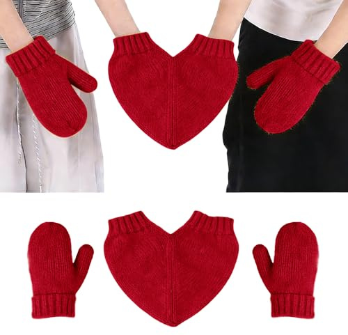 Drkicsy Couples Hand Holding Mittens, Knitted Warm Winter Gloves Two Person Mittens for Holding Hands (Red)