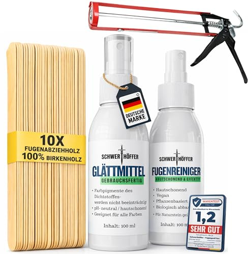 FUGENPROFI Set 13-tlg – Kartuschenpresse & Silikonabzieher Holz inkl. Glättmittel + Fugenreiniger – Profi Silikon Werkzeug