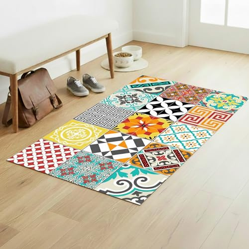 Tapis Vinyle pour le sol en PVC - Antidérapant - Protection pour le Sol - Inspiration Carreaux de Ciment - Lavable à la main - Epaisseur 2,2 mm - 60 cm x 100 cm - Tapis de sol Multicolore