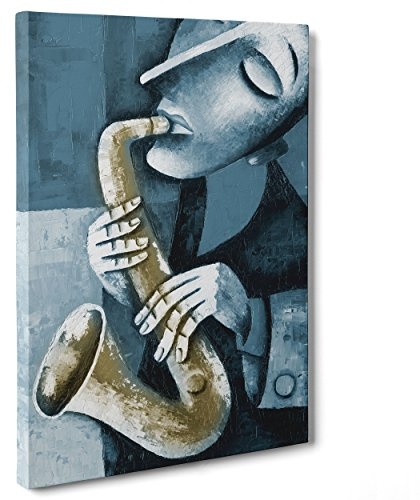 ConKrea Quadro su Tela Canvas - INTELAIATO - Pronto da Appendere - Musica Jazz Sax - Illustrazione Disegno Effetto Olio Dipinto - 50x70cm - Senza Cornice - (cod.1167)
