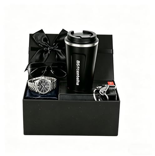 BSTcentelha Juego de Regalo para Hombre, Reloj de Pulsera, Llavero, Gafas de Sol, día del Padre, día de San Valentín, Boda, Navidad, Novio, Regalo(Setb)