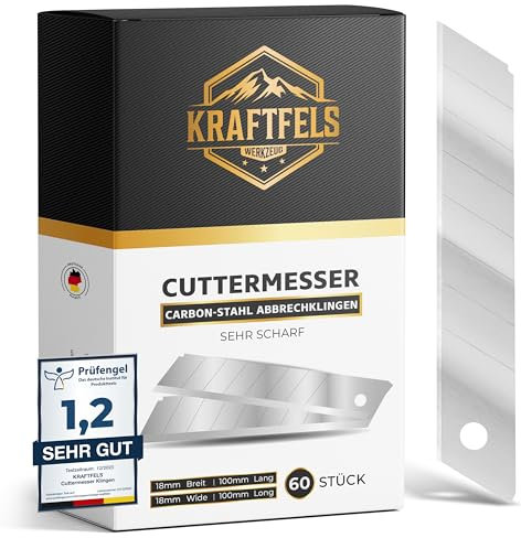 KRAFTFELS 60x Cuttermesser Klingen 18mm SK5 - Teppichmesser Klingen Cuttermesser aus hochwertigem Carbonstahl - Gehärtet & ultra scharf - Abbrechklingen 18mm für Cutter Messer - Ersatzklingen Cutter