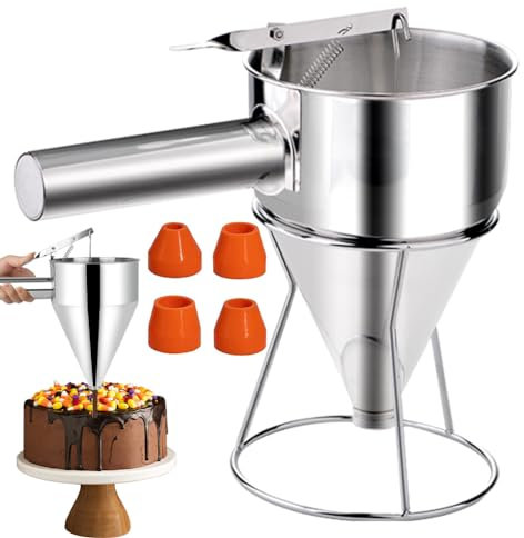 FOGARI 1200ml Teigspender Teigportionierer, Pfannkuchen Teigspender, Edelstahl Teigspender mit Ständer, Teigspender mit 4 Ersatzdüsen Geliefert für Pfannkuchendesserts