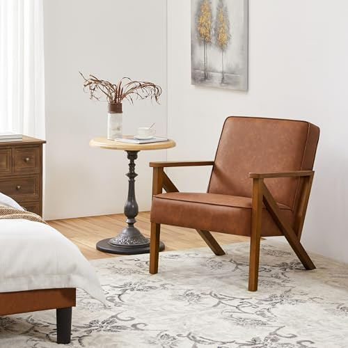 Yaheetech Accent Chair Faux Leather Armchair Lounge Chair with Wood Frame, Modern Retro Lounge Chair for Living Room/Office/Reception Area, Light Brown
