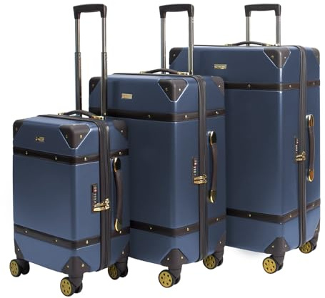 Rocklands London® Vintage Suitcase 4 Wheel Spinner TSA Approved Lock- PC Hard Shell Luggage Aluminium Handle (Navy, Full Set /3pcs (S+M+L))