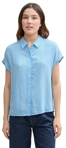TOM TAILOR Denim Blusa de Manga Corta para Mujer con Estampado, 37811 - Vertical Blue White Stripe, L
