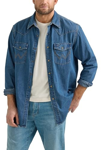 Wrangler jeansskjorta för män från denim-kollektionen med tryckknappar, Mörk tvätt denim, L