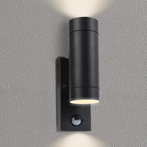 JANDT Lighting Rostskyddad Svart Aluminium Utomhus Trädgård Vägglampa, PIR Rörelsesensor, IP65 Vattentät för Trädgård/Patio, GU10 Up Down Vägglampa(2x6W LED-lampor ingår)