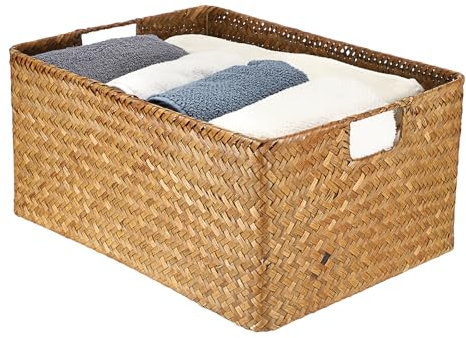 IGNPION Canasta de almacenamiento de hierba marina tejida para escritorio, rectangular, caja organizadora de almacenamiento para baño, estantes y escritorios, cesta decorativa multiusos, grande