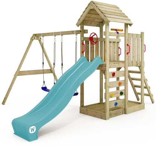 Gioco da giardino WICKEY MultiFlyer con tetto in legno, altalena e scivolo, struttura da esterno per bambini con sabbiera, scaletta e accessori da gioco (turchese)