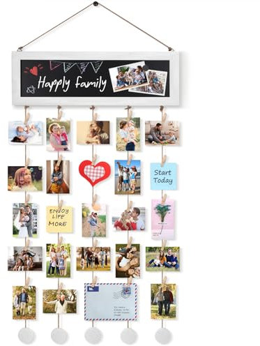 VINCOURNA Hanging Photo Display Board with Mini 30 Wooden Clips, DIY Photo Board Photo Pegs and String Picture Hanging String Multi Photo Frames for Wall Collage Photo Holder Home Decor Black & White