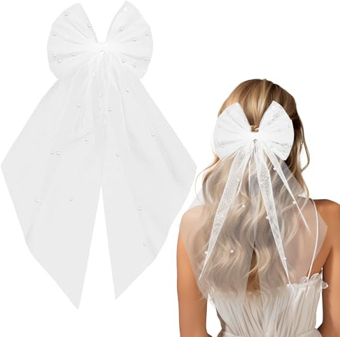 GEEHUA Bridal Hair Bow Veil, Elegant Wedding Veil Bridal Hair Clip with Pearl Bow Veils Pins Barrette Wedding Accessories for Women Girls Bridesmaid Favor Bachelorette Party Decorations