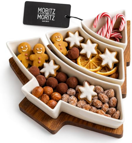 Moritz & Moritz Servierschalen Set Weihnachten Tannenbaum - Dip Schalen Set mit Holztablett aus Akazienholz - Keramik Schälchen für Snacks, Dips, Plätzchen & festliche Tischdeko