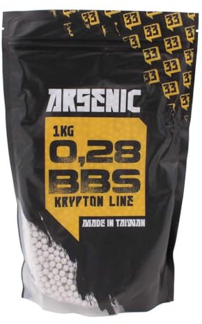 Bolsa de Bolas para Airsoft Marca Arsenic Krypton de 0,28 g, no biodegradables, 1 kg, 6 mm, Blancas, Bien pulidas, sin Atascos ni residuos