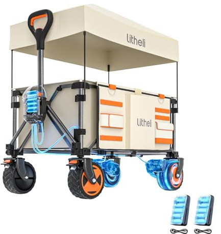 Litheli Chariot électrique pliable avec double moteur et freins, 150 l, 60 kg, pour camping, jardin, plage, shopping (beige, W2 Pro avec bâche de toit)